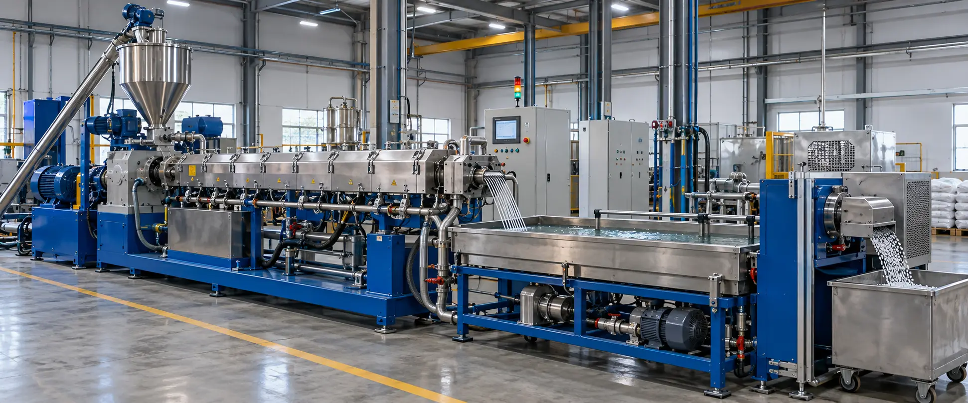 Illustration of a running twin-screw polymer compounding line