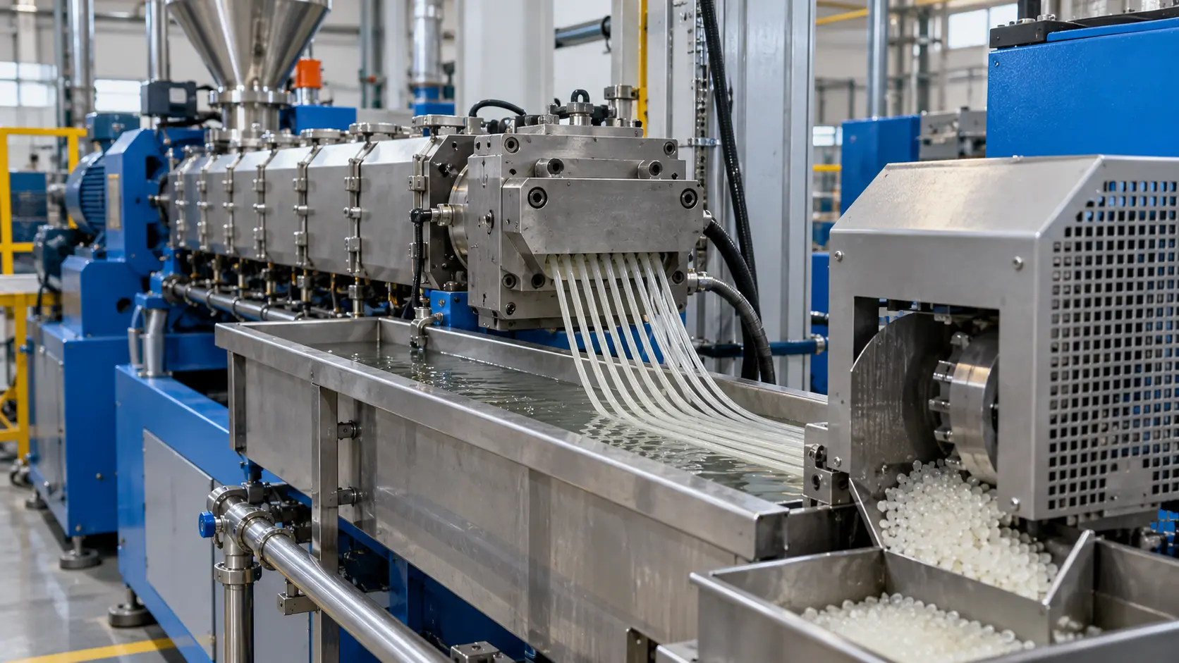 Illustration of strands cooling and pelletizing on a twin-screw compounding line