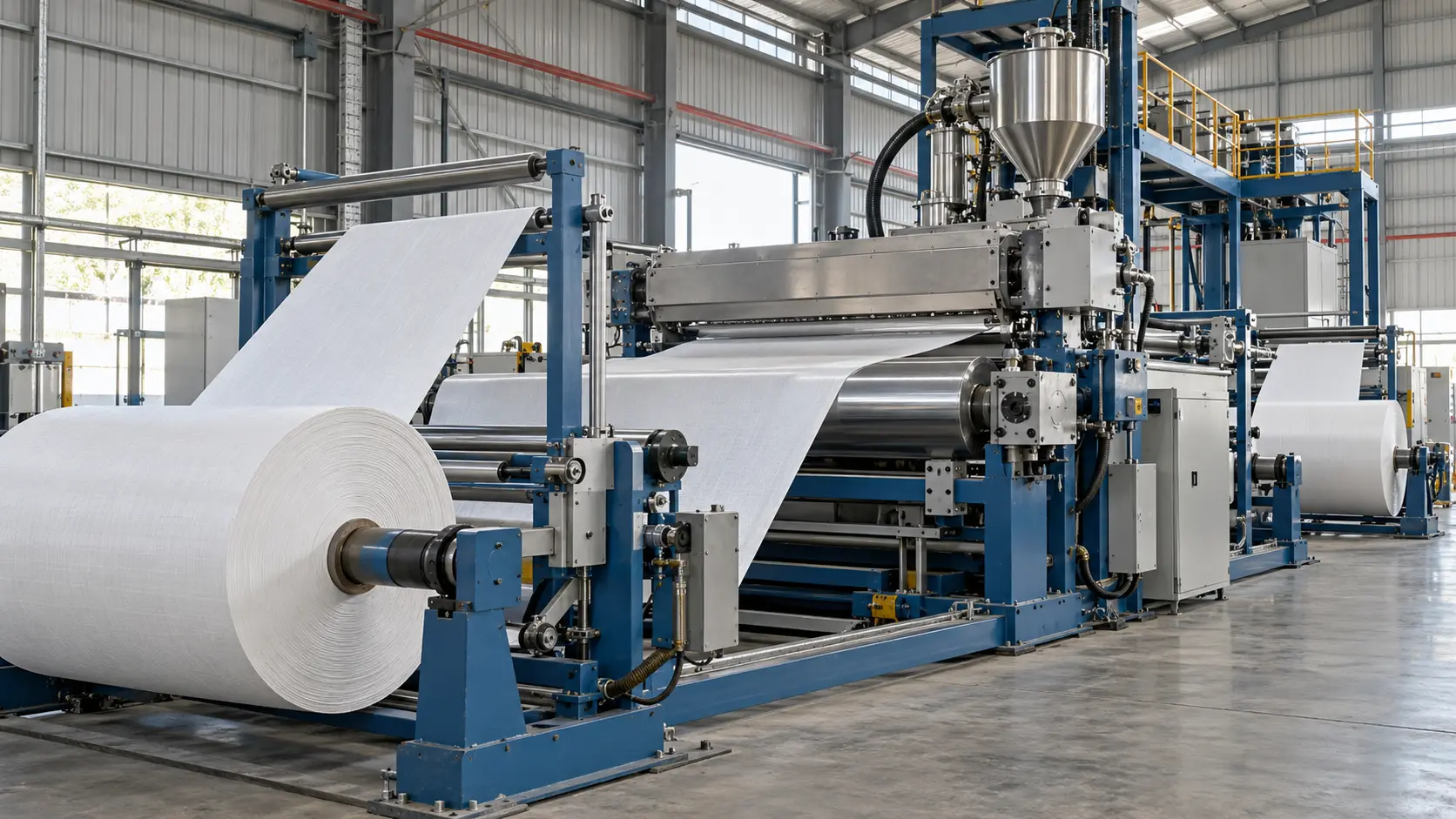Illustration of a woven sack extrusion coating and lamination line